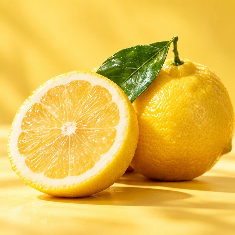 A whole lemon with a green leaf beside a freshly cut lemon half on a sunny yellow background